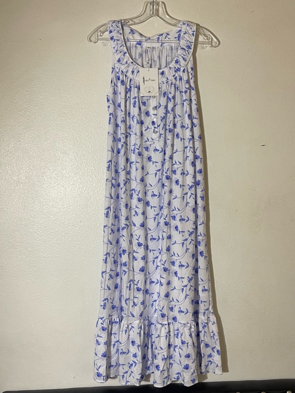 Sleeveless Floral Maxi Nightgown in White and Blue - Women’s Sleepwear